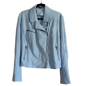 Jessica London Linen Light Blue Moto Utility Jacket Asymmetrical Zipper Size 16